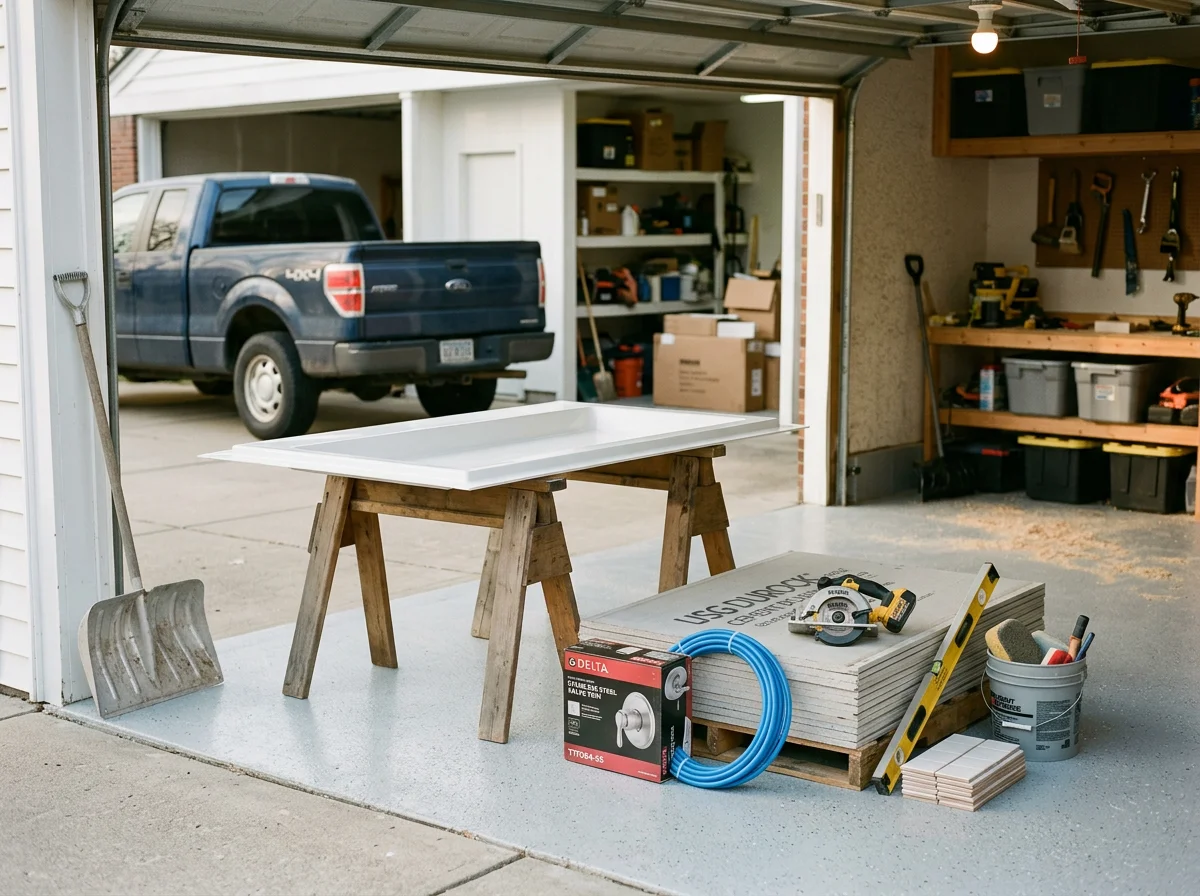 Environmental photo of a bathroom remodeling work area with tools, materials, and fixtures staged for a project. No people are shown.