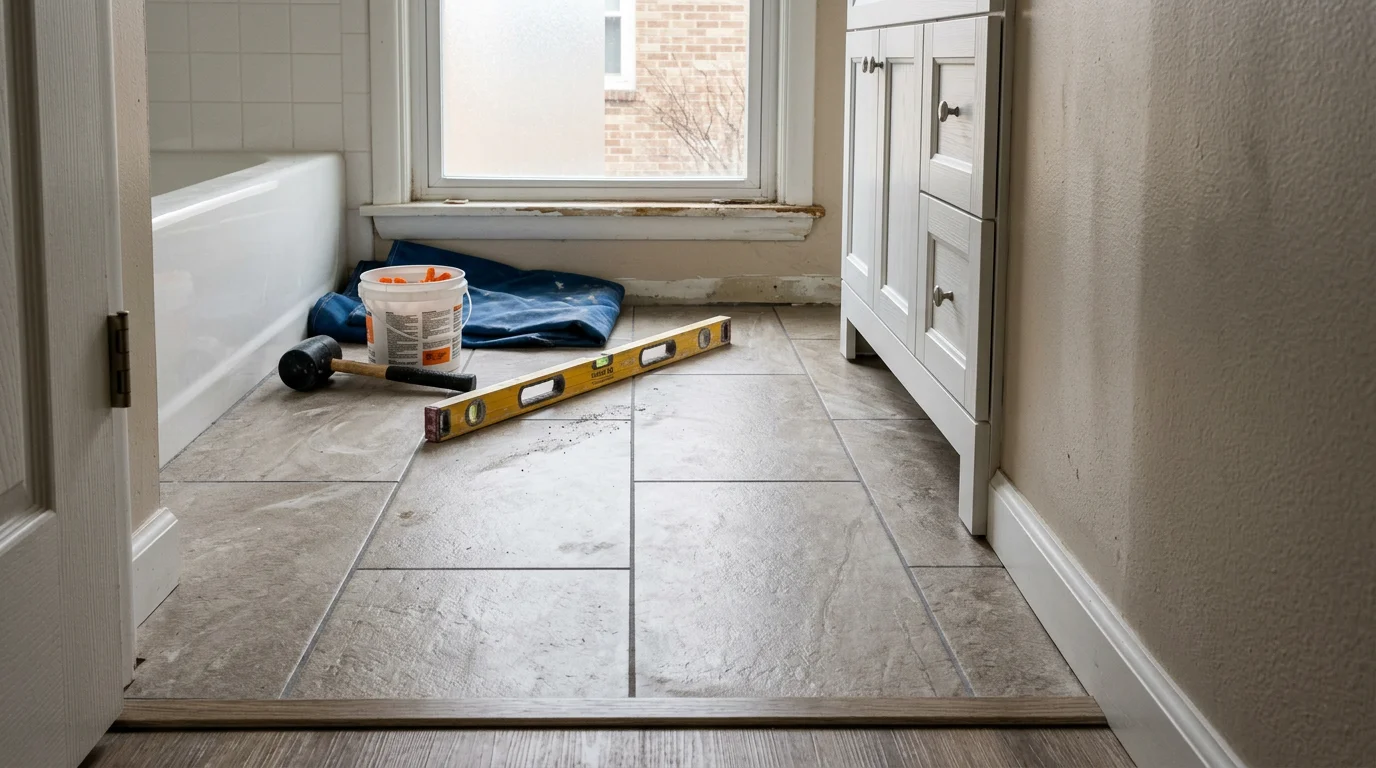 Newly installed bathroom flooring in a Roseville, Michigan home