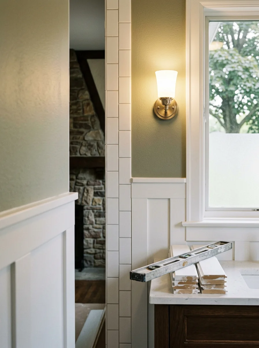 A close-up of wainscoting matching a shower surround in a Bloomfield Hills, Michigan bathroom remodel, with updated lighting above a new vanity.