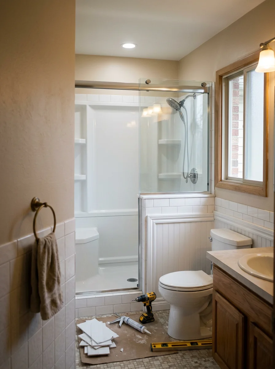 A finished tub-to-shower conversion in a Farmington Hills, Michigan 1970s ranch bathroom with new surround panels, updated toilet, and wainscoting detail.