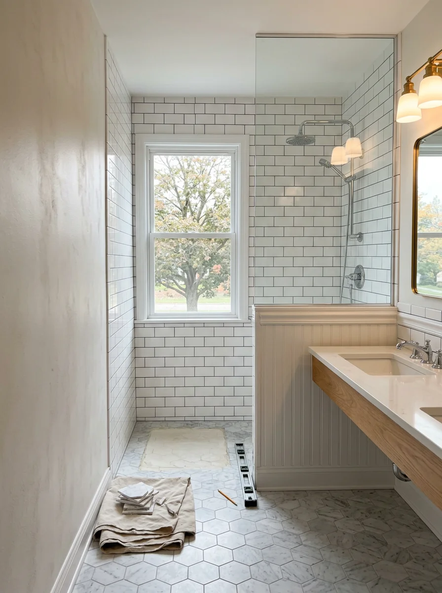 A finished bathroom remodel in a Rochester, Michigan colonial home with a walk-in shower, wainscoting detail, and updated lighting in a master bathroom that formerly had a soaking tub.