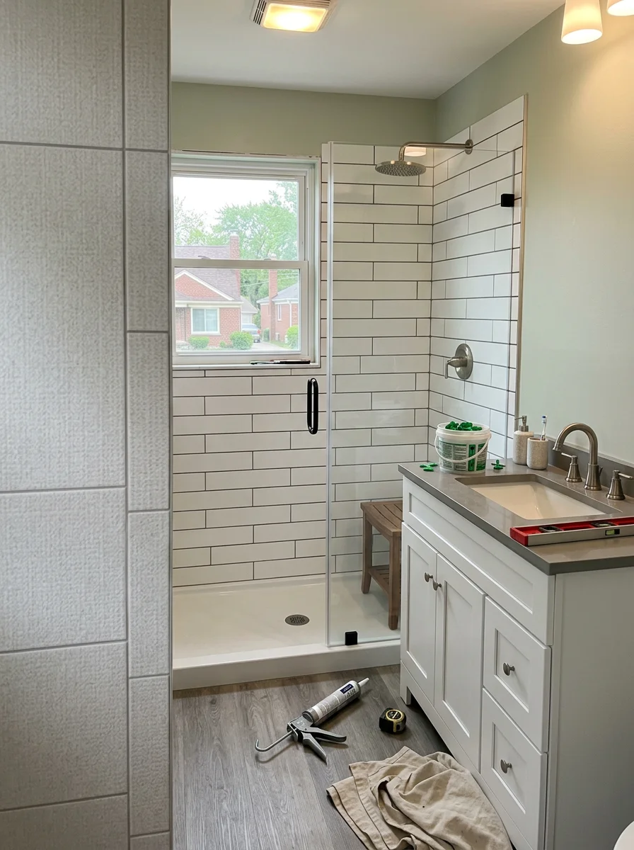 A finished walk-in shower with updated bath flooring and vanity in a compact Roseville, Michigan postwar home bathroom.