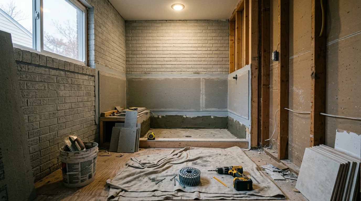 A tub-to-shower conversion in progress inside a mid-century brick ranch bathroom in Roseville, Michigan, showing new cement board backer and a fresh shower surround installation.