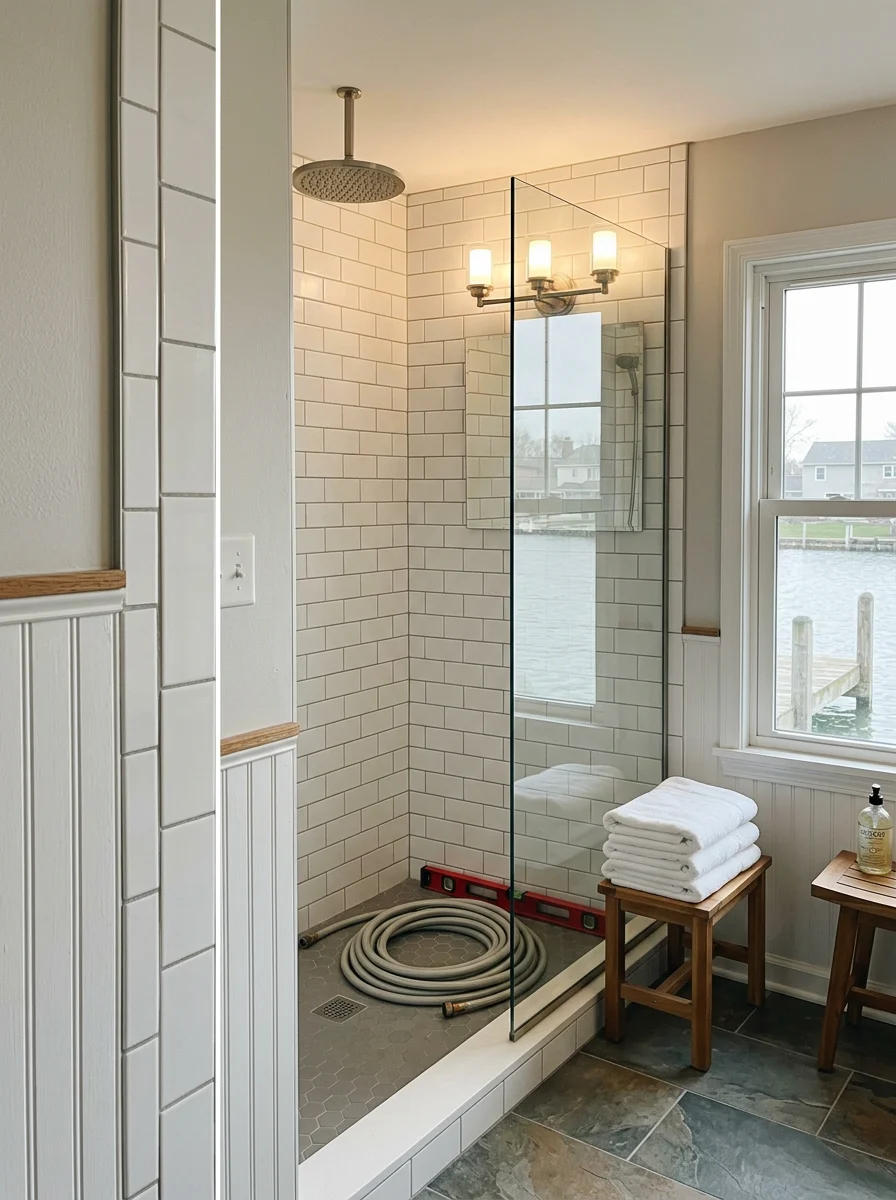 A finished bathroom remodel in a St. Clair Shores, Michigan canal-front home with a walk-in shower, wainscoting detail, and updated lighting replacing an original 1950s tub.