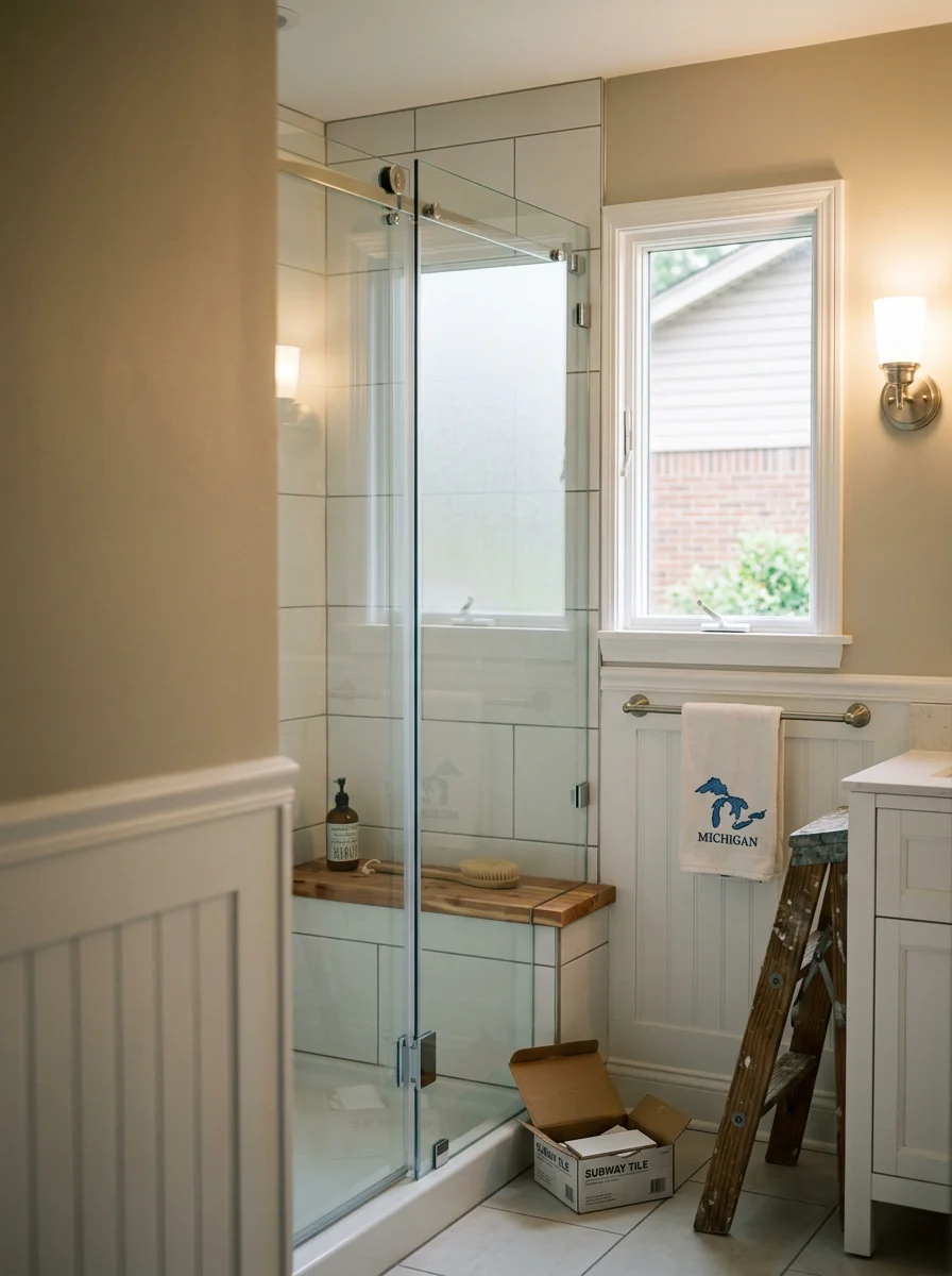 A finished tub-to-shower conversion with wainscoting and updated lighting in a Sterling Heights, Michigan subdivision home.