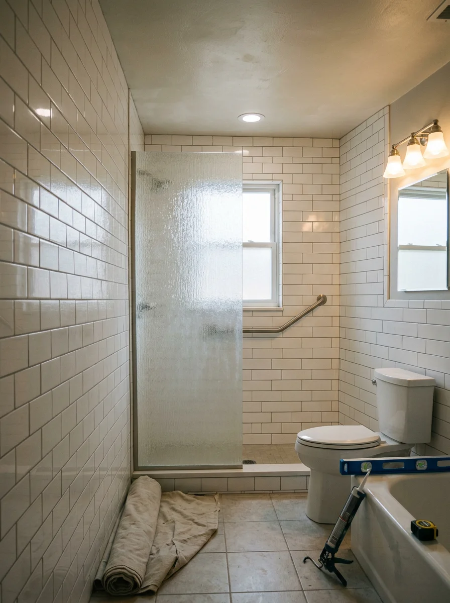 A finished bathroom remodel in a Warren, Michigan postwar home showing a walk-in shower, new toilet, and updated lighting in a compact mid-century layout.