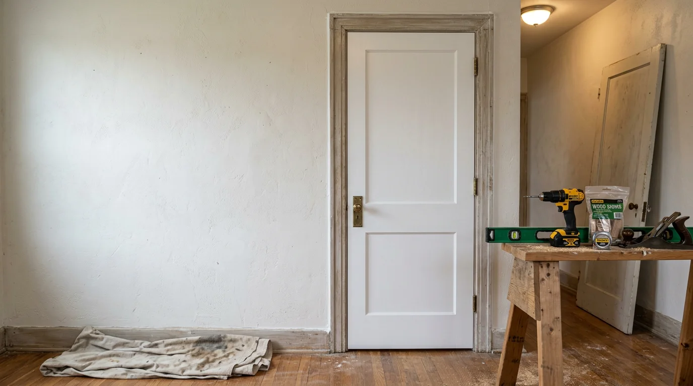 A newly installed bathroom door in a Roseville, Michigan home, shown flush within a properly fitted frame with a clean latch and trim. The door is viewed from the hallway side, showing a finished interior bathroom beyond.