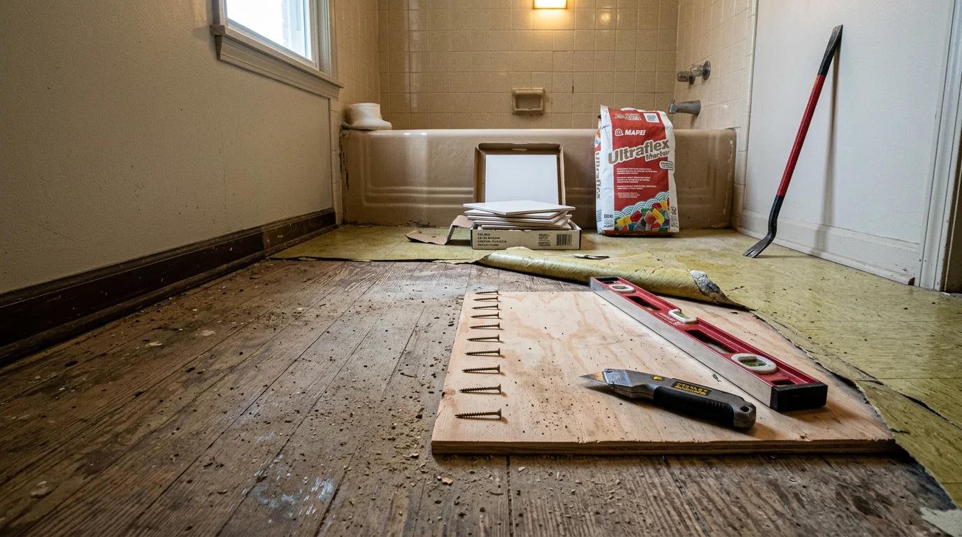 Freshly replaced bathroom floor in a Roseville, Michigan home showing a clean, level surface after removal of old damaged flooring. The finished result shows a smooth, properly installed floor ready for daily use.