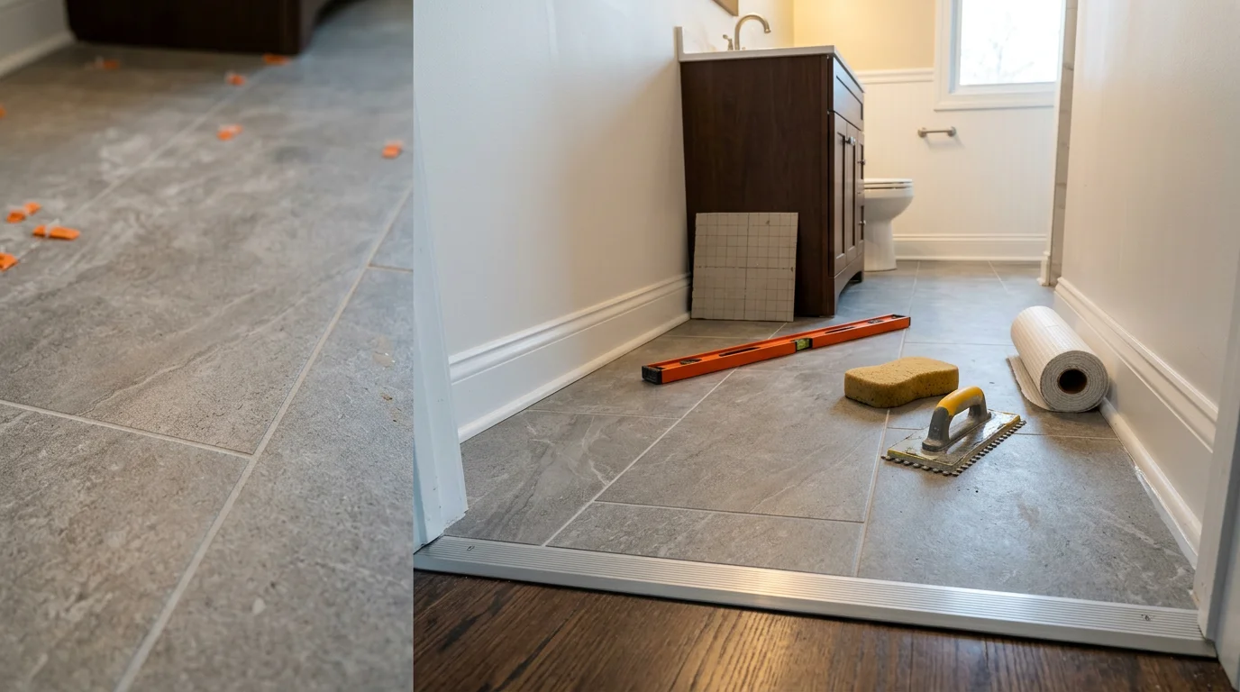 Newly installed ceramic tile bathroom floor in a Roseville, Michigan home, showing clean grout lines and a moisture-sealed surface near the base of a bathtub surround.