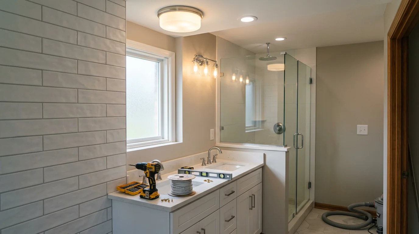 Newly installed recessed LED ceiling fixtures and a vanity light bar in a remodeled bathroom in Roseville, Michigan. The wet-rated shower fixture and neutral-white vanity lighting are visible against updated tile walls.