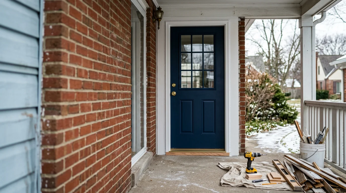 A newly installed entry door on a brick ranch home in Roseville, Michigan, with a clean frame, fitted threshold, and fresh weatherstripping visible around the perimeter. The replacement door sits flush and square in the opening, showing a tight seal at the sill and jamb.