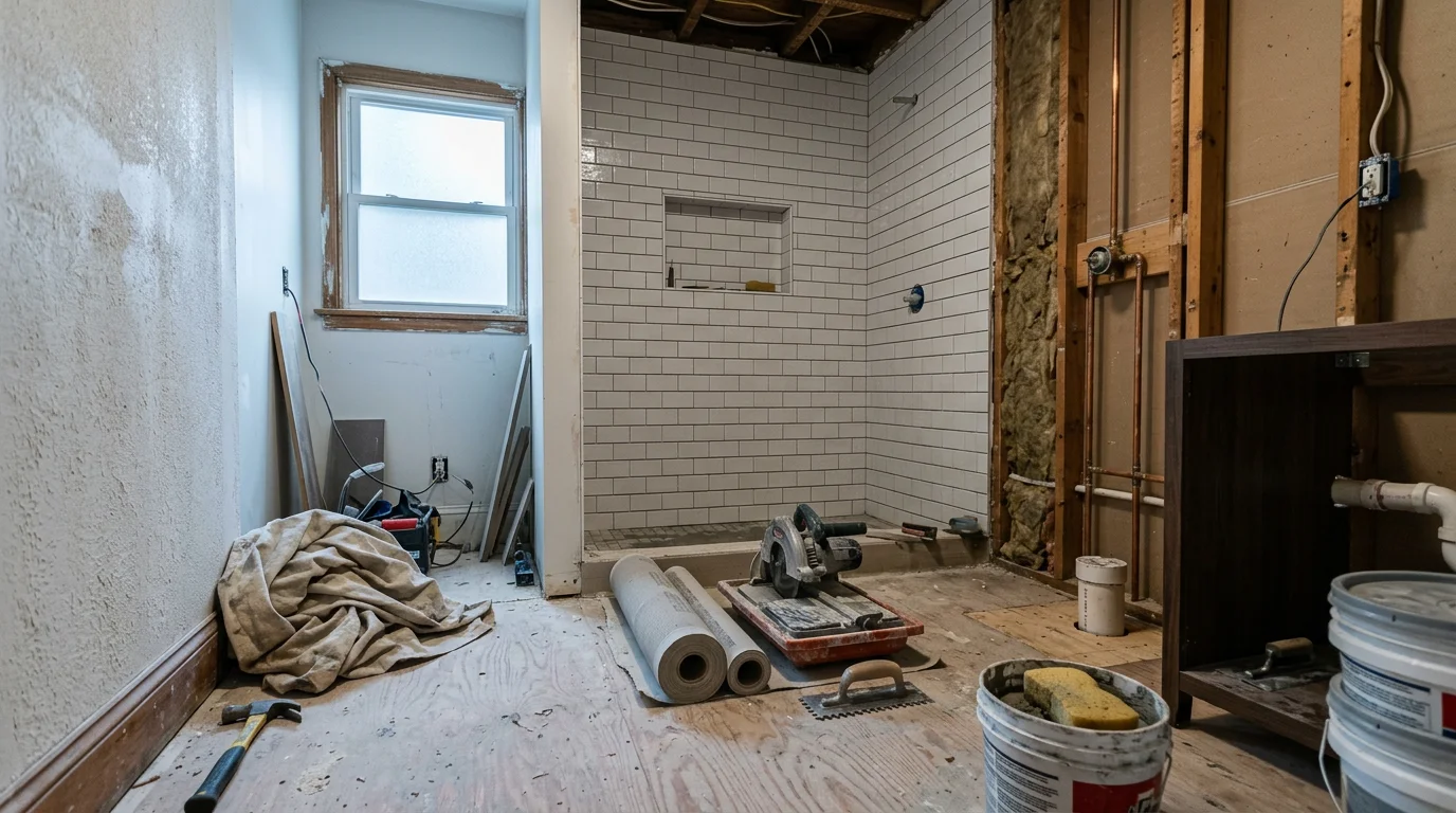 Finished full bathroom renovation in a Roseville, Michigan home showing a walk-in tile shower with waterproofed walls, a new vanity with countertop, and updated flooring. The space reflects a complete gut renovation with new plumbing fixtures and coordinated finishes throughout.