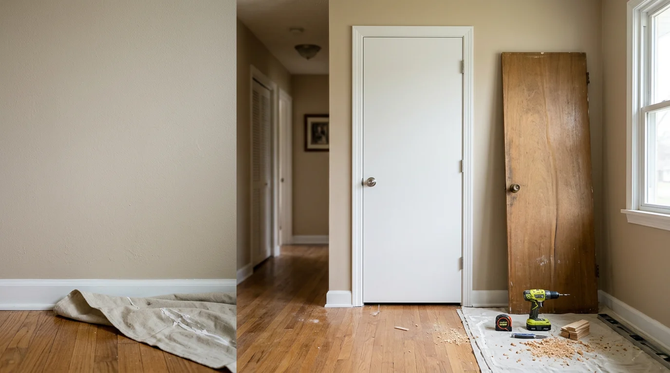 A freshly installed interior panel door with clean casing and trim inside a Roseville, Michigan home. The door is fully hung, hardware installed, and the surrounding trim is tight against the wall with no visible gaps.