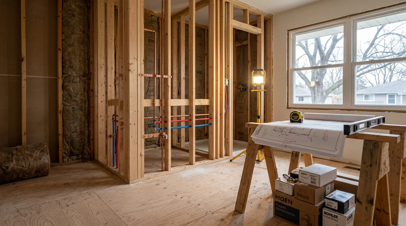 A coordinated residential remodeling project in progress inside a mid-century single-family home in Roseville, Michigan, showing organized work areas and multiple renovation phases underway. The image reflects active project management with clear separation between completed and in-progress spaces.