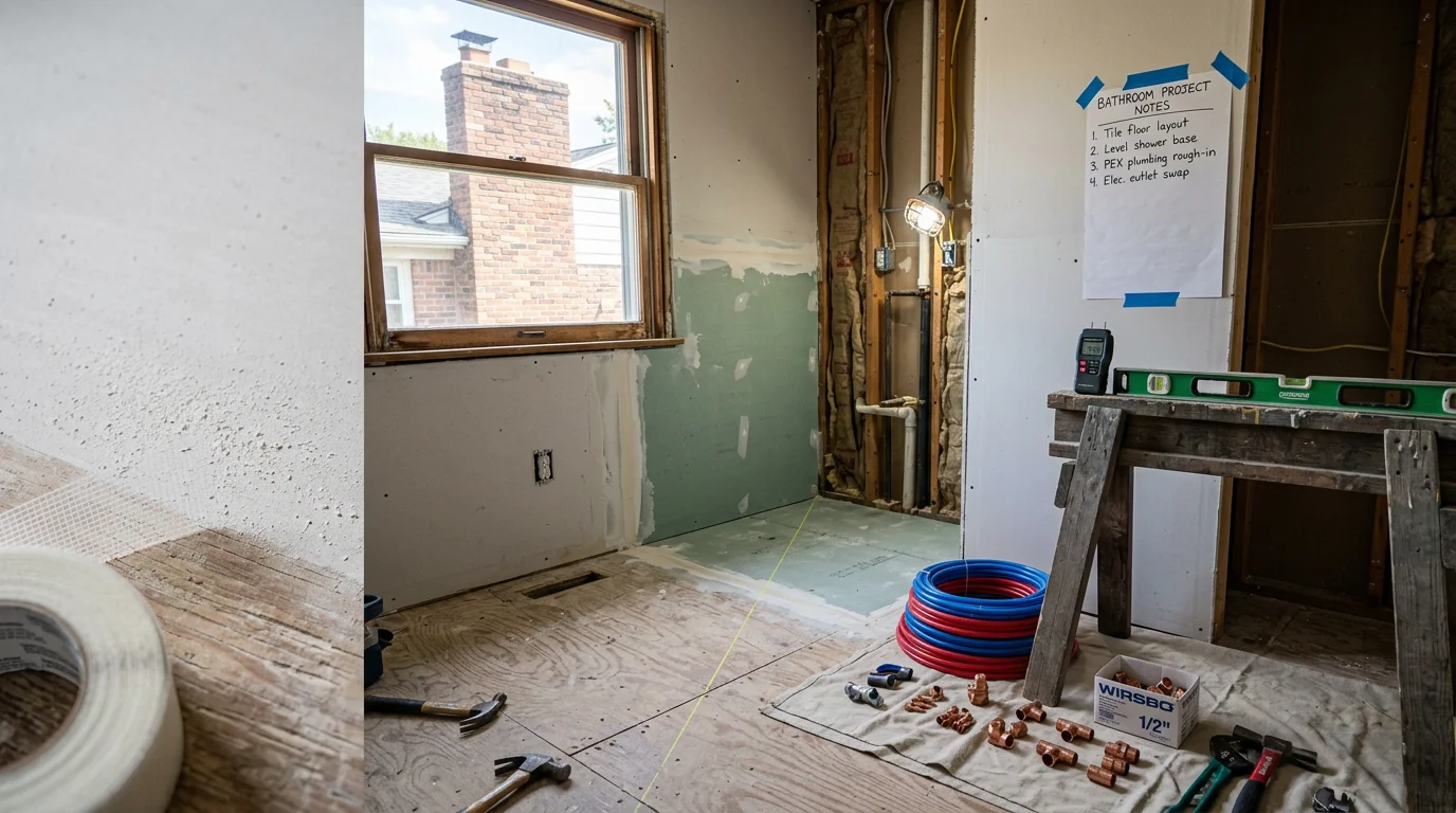 A general contractor reviewing a subcontractor schedule on a clipboard at a residential remodeling project site in Roseville, Michigan. Multiple trade workers are visible in the background at different stages of interior construction.