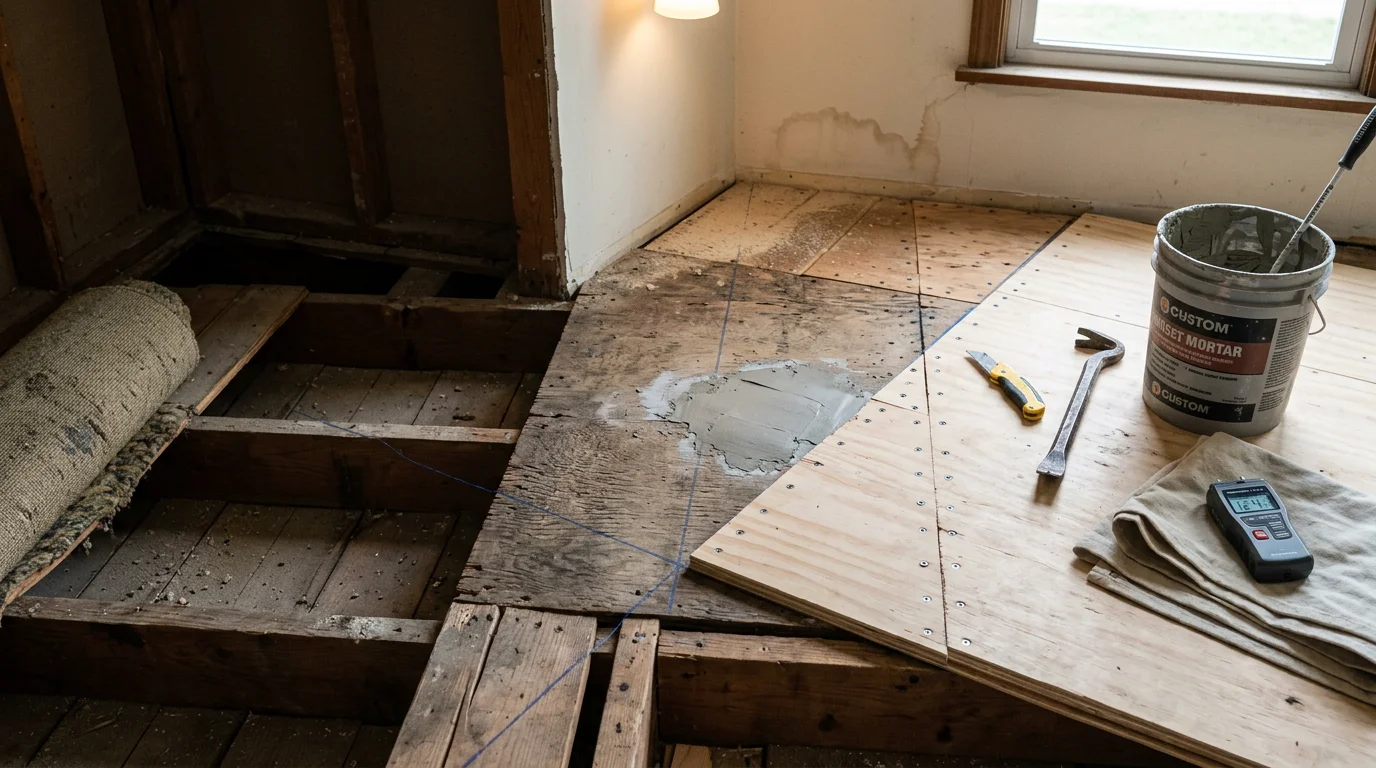 A flooring contractor inspecting and leveling a wood subfloor in a residential home in Roseville, Michigan before new flooring installation. The subfloor surface is cleared, with repaired sections visible and the room ready for the next stage of the project.