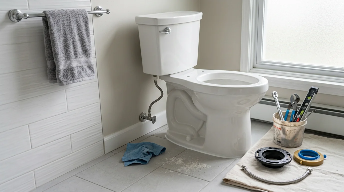 A newly installed white toilet in a clean residential bathroom in Roseville, Michigan, with fresh caulk at the base and a connected water supply line. The closet flange and wax ring have been replaced as part of the full toilet installation.