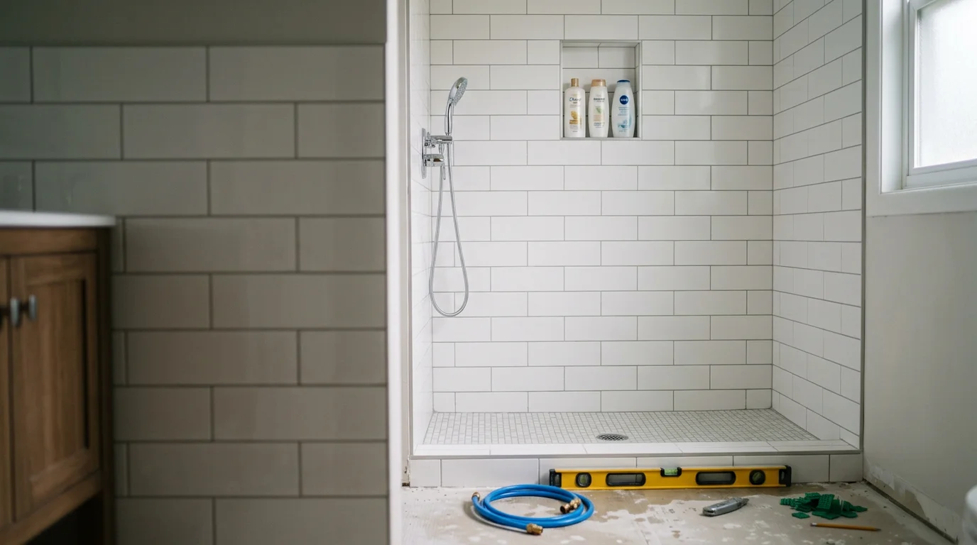 A finished walk-in shower installed in a Roseville, Michigan home bathroom, showing clean wall surrounds and an open shower area where a bathtub previously stood. The conversion was completed by Creations Concept LLC for a local homeowner.