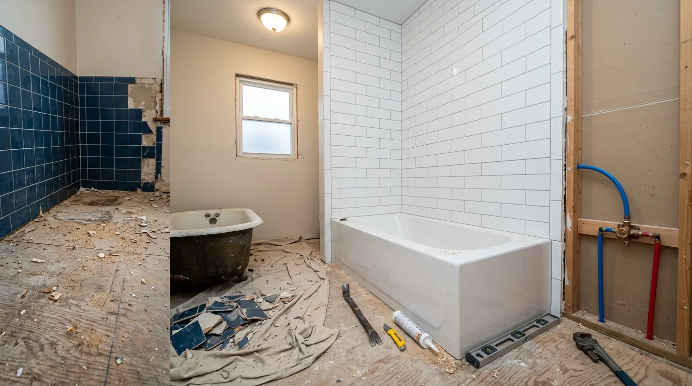 A newly installed white bathtub with a clean, fitted wall surround in a Roseville, Michigan bathroom, replacing an older tub and worn tile enclosure. The tub and walls form a seamless, watertight unit in a compact mid-century home bathroom layout.
