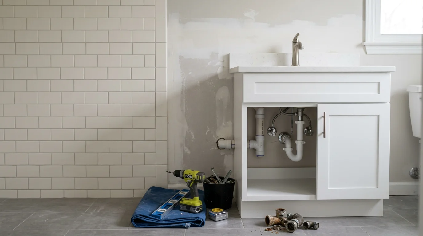 A newly installed single bathroom vanity with a clean countertop and reconnected plumbing in a Roseville, Michigan home. The cabinet sits flush against a patched and painted wall with fresh caulk along the backsplash seam.